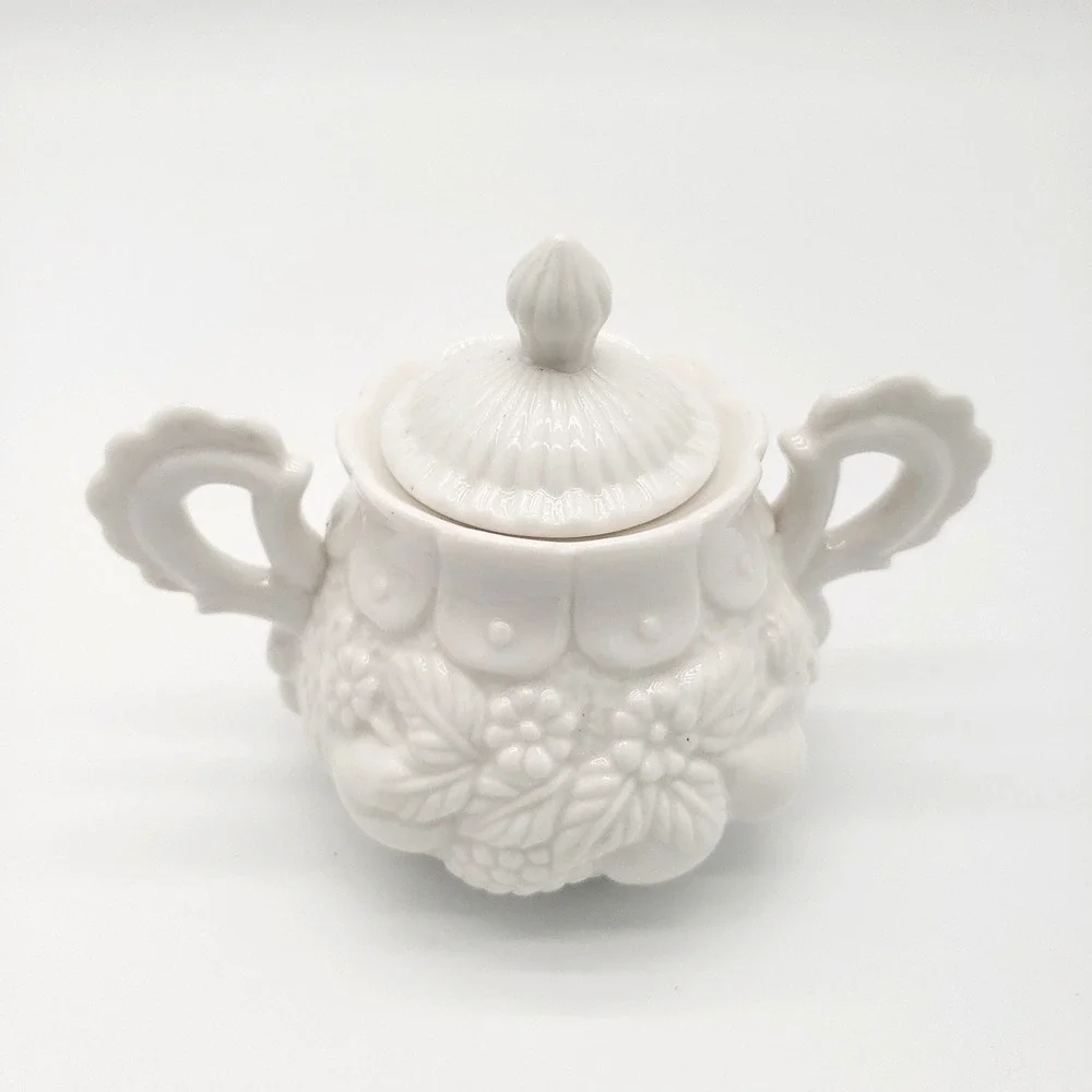 Cottagecore Embossed White Porcelain Small Teapot & Sugar Bowl Floral Vintage
